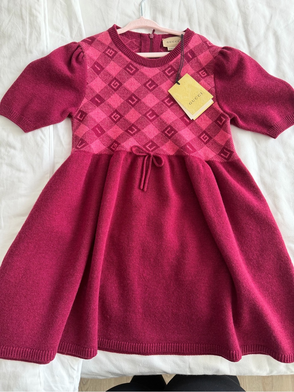 Gucci Girls Fuchsia Knit Dress with Argyle Bodice